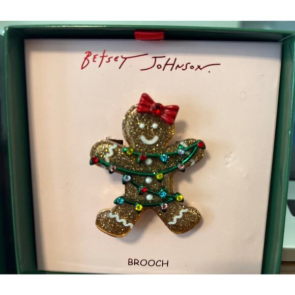 NIB Betsey Johnson Set Winking Reindeer & Gingerbread Girl Brooch Pin Gift Box - Picture 10 of 13
